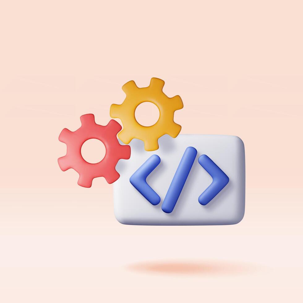 3d code icon and gear cogwheel isolated. Render computer software language symbol. Computer programming language. Web development code interface sign. vector