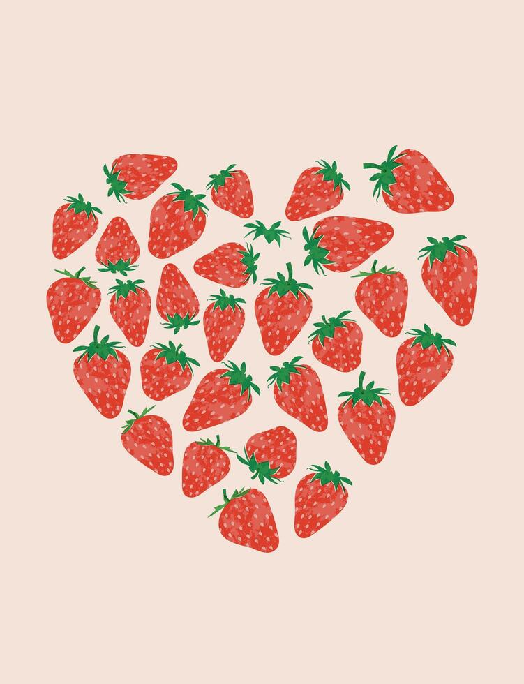 Strawberry heart colorful wallpaper print background. Fruit illustration isolated on background. Greeting card background with strawberries for your design vector