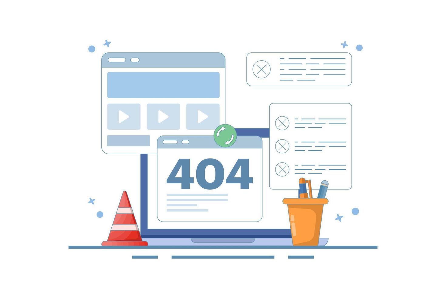 404 error fix concept, 404 Redirect, Website page redirect, System error, warning or maintenance, Fix server error. Flat cartoon design illustration on background. vector