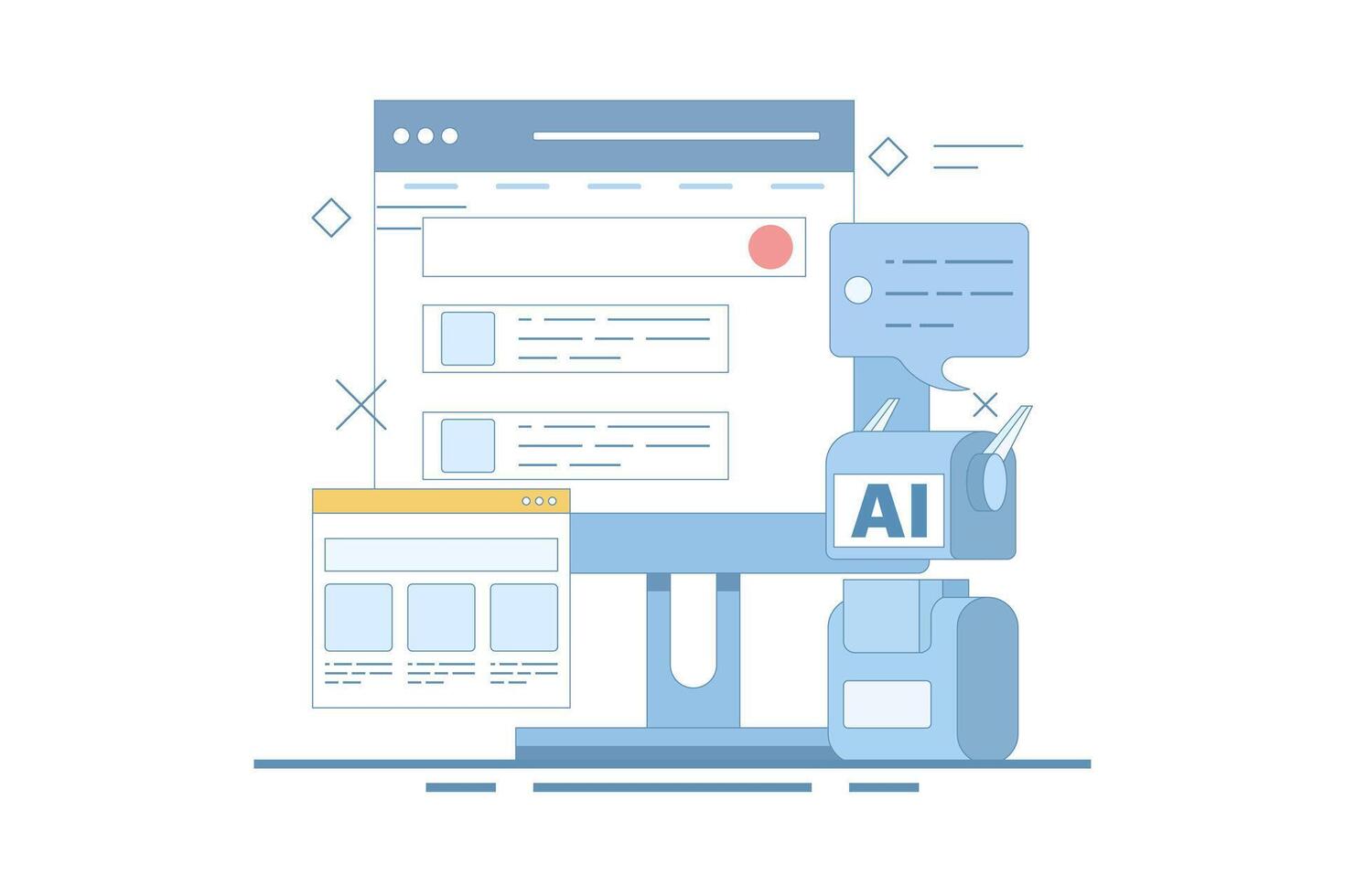 AI powered search result concept, Artificial intelligence integrated with search engine, AI search result, content based title, landing page, flat design illustration in the background. vector