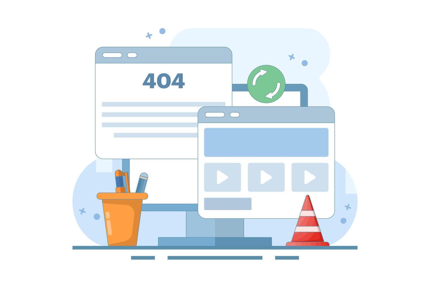 404 error fix concept, 404 Redirect, Website page redirect, System error, warning or maintenance, Fix server error. flat cartoon design on background. vector
