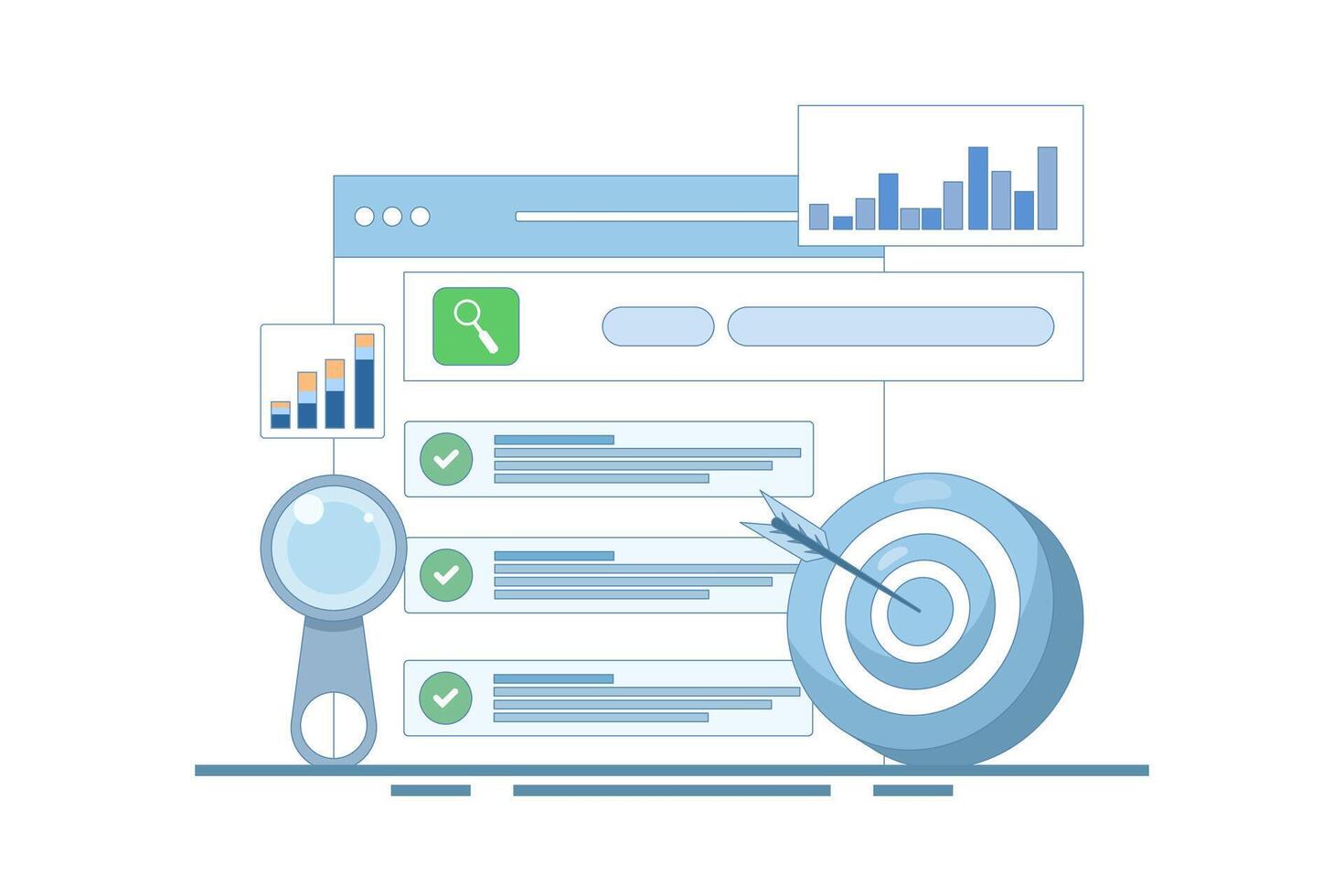 SEO optimization Promotion Concept. Web browser for digital marketing concept. Website analysis strategy and innovation research. Optimize Your Site in shape. Flat design design illustration. vector