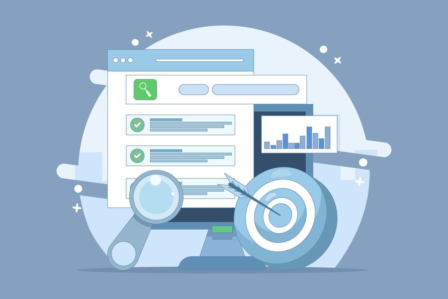 SEO optimization Promotion Concept. Web browser for digital marketing concept. Website analysis strategy and innovation research. Optimize Your Site in form. Modern design illustration. vector