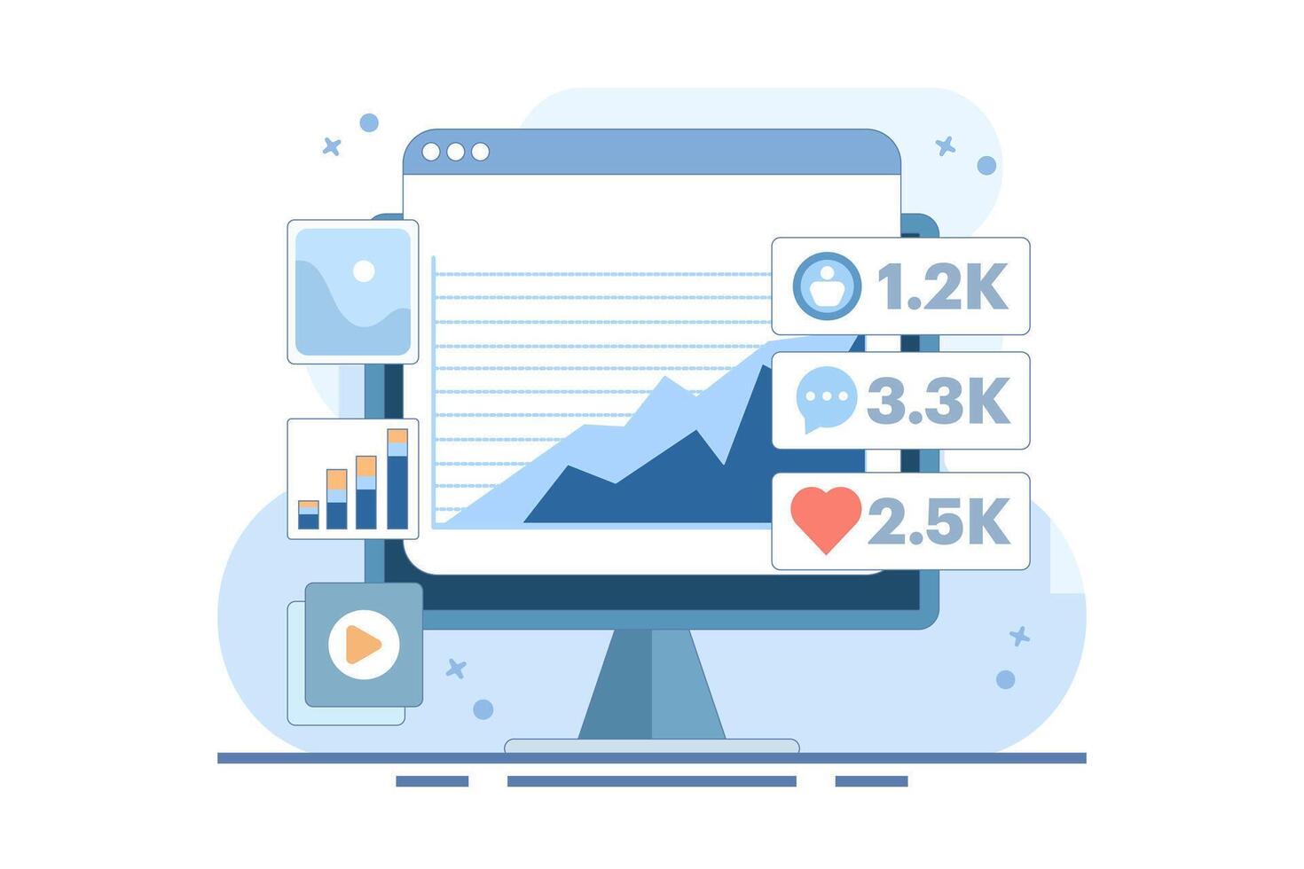 Audience engagement analysis concept, Social media post engagement analysis, Digital marketing report, Increase post engagement ratio with infographics. Flat cartoon design illustration. vector