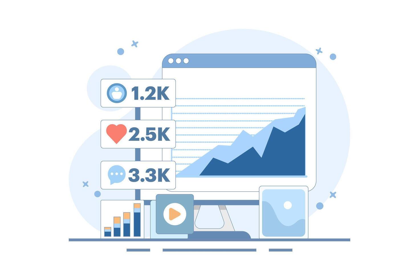Audience engagement analysis concept, Social media post engagement analysis, Digital marketing report, Increase post engagement ratio with infographics. Flat design illustration on background. vector