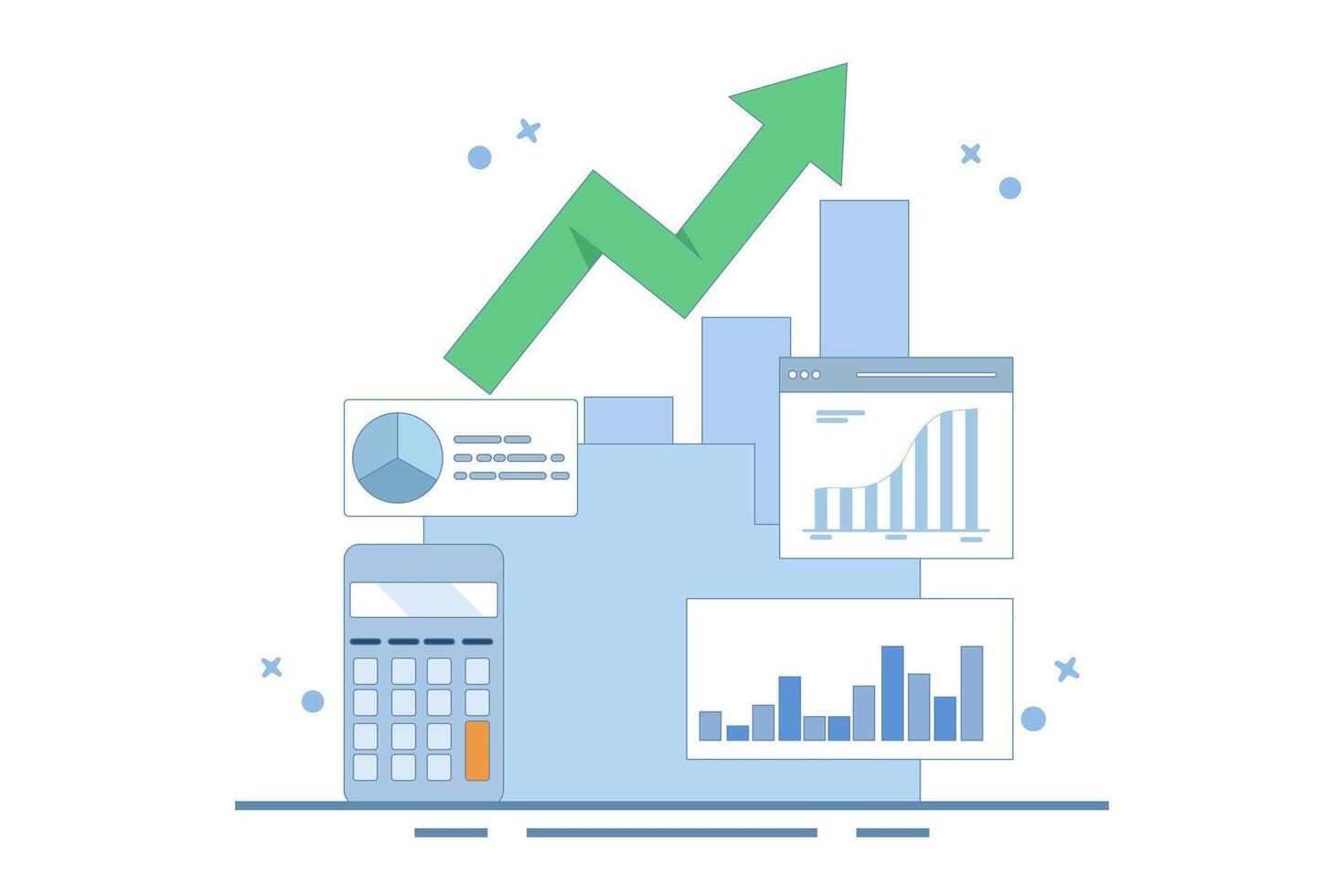 Business analysis expert concept. Doing financial research, online data analysis reporting. Statistical and data analysis for business financial investment. Flat design illustration. vector