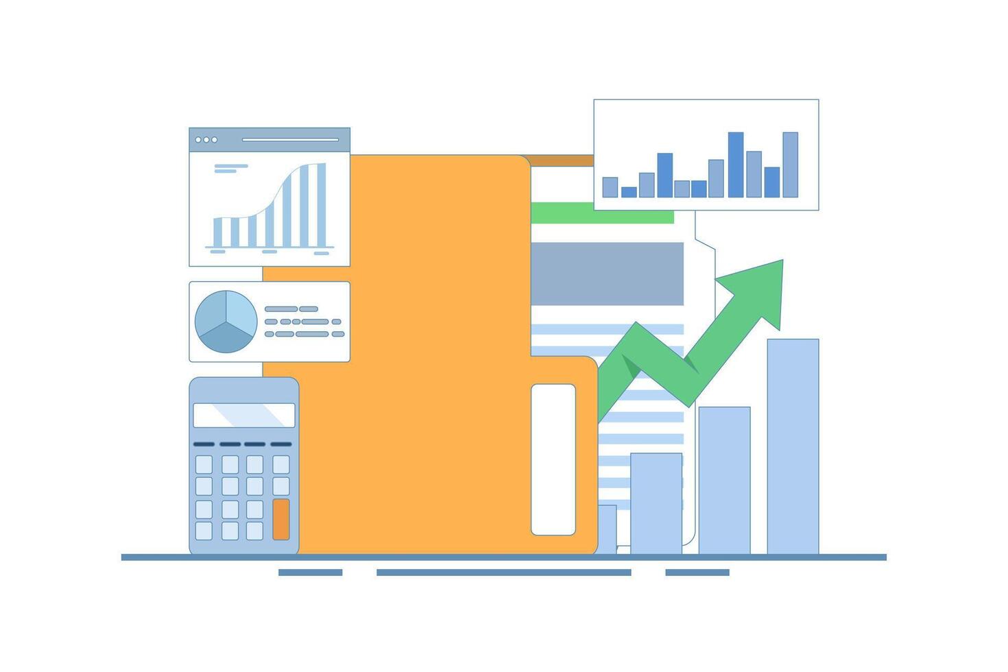 Business analysis expert concept. Conducting financial research, online data analysis reporting. Statistical and data analysis for business financial investment. Cartoon design illustration. vector