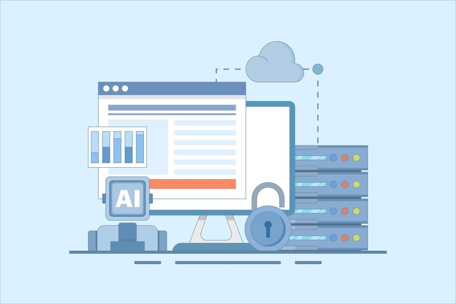 Cloud Server AI Service Concept, AI hosted on cloud server, Cloud hosting, cloud API for artificial intelligence, cloud computing technology, data network management. flat design cartoon. vector
