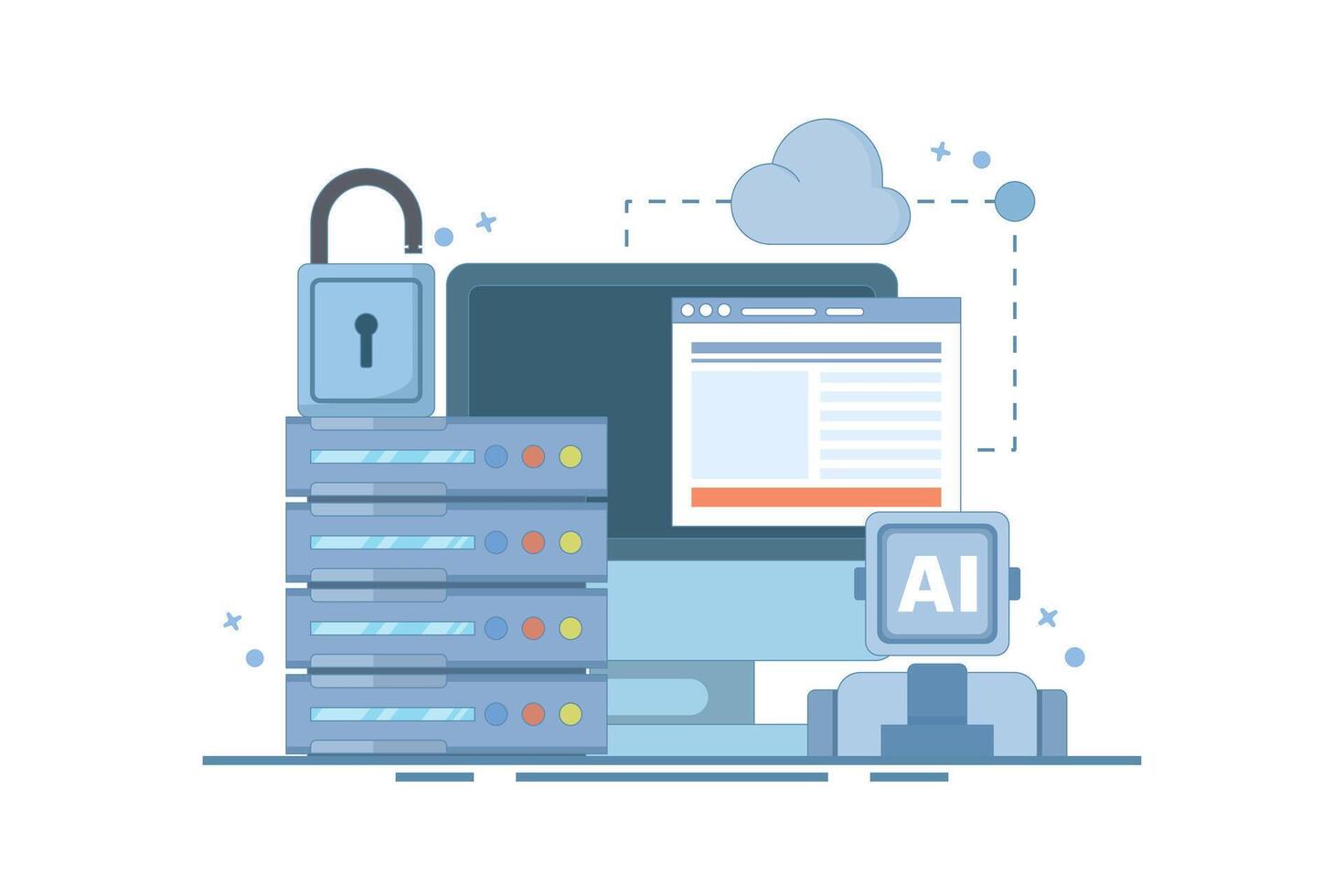 Cloud Server AI Service Concept, AI hosted on cloud server, Cloud hosting, cloud API for artificial intelligence, cloud computing technology, data network management. flat illustration. vector