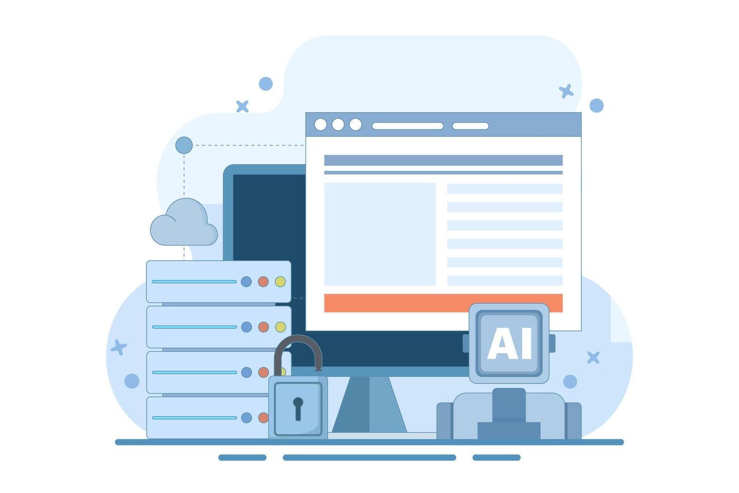 Cloud Server AI Service Concept, AI hosted on cloud server, Cloud hosting, cloud API for artificial intelligence, cloud computing technology, data network management. flat cartoon design. vector