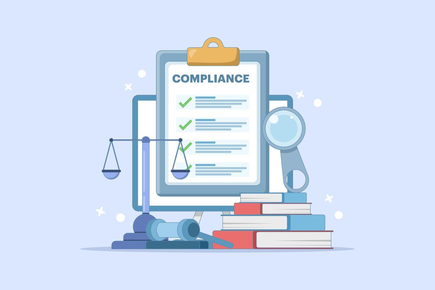 Compliance management concept. List of rules. Clipboard with tasks. Organizing efficient work processes and business ethics. Reviewing list of business rules. Cartoon design illustration. vector