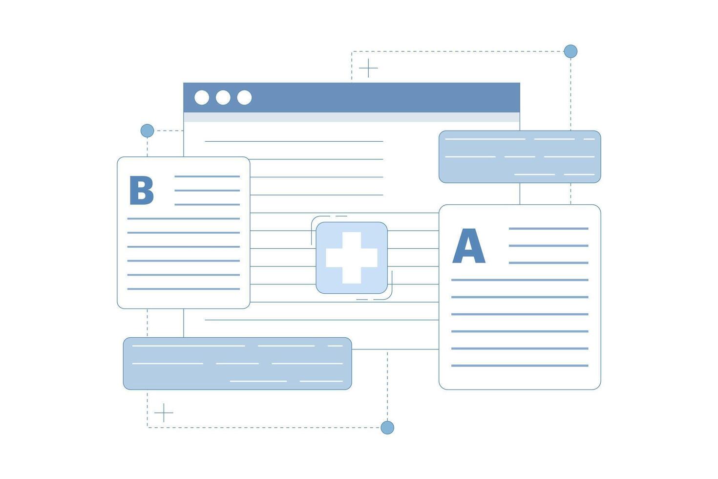 AB Testing Concept, User Feedback, Bug Fixing, Comparison Process, Mobile and Desktop App Development. AB testing concept Comparison of separate wireframe applications A B. Flat illustration. vector
