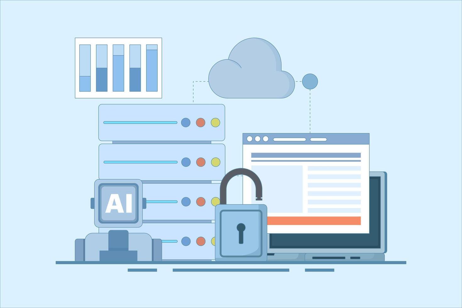 Cloud Server AI Service Concept, AI hosted on cloud server, Cloud hosting, cloud API for artificial intelligence, cloud computing technology, data network management. flat design. vector