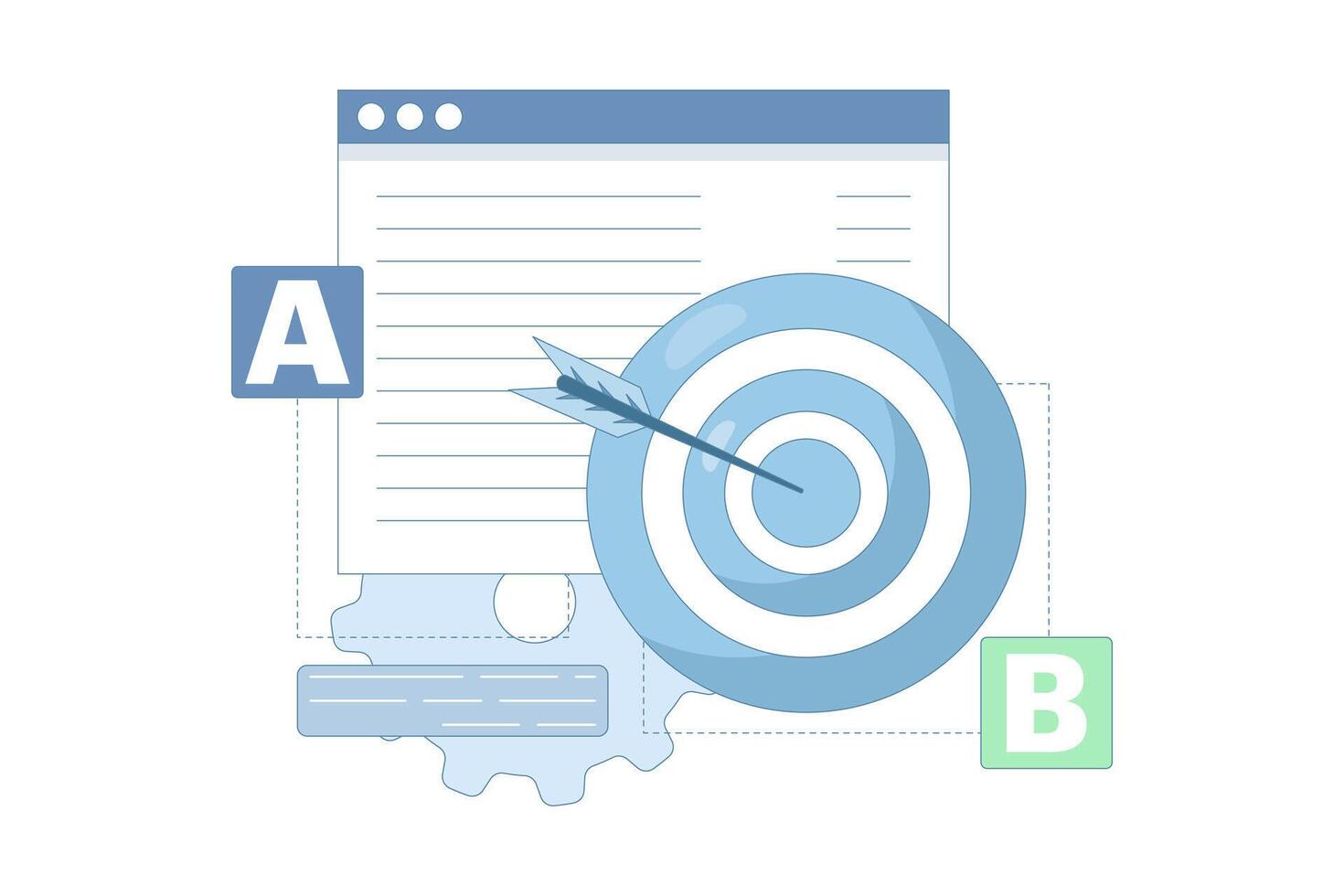 AB Testing Concept, User Feedback, Bug Fixing, Comparison Process, Mobile and Desktop App Development. AB testing concept Comparison of separate wireframe applications A B. flat cartoon. vector