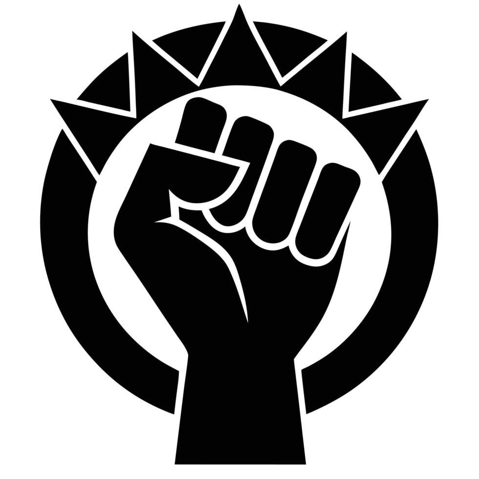 A black and white logo of a fist with a crown vector