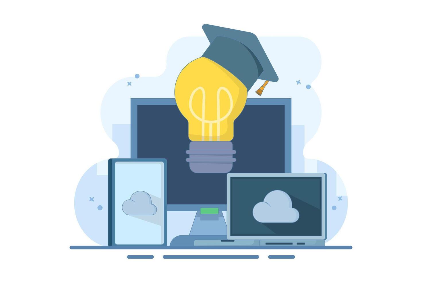 Online education concept, Bachelor's hat on light bulb with computer, smartphone, tablet, online courses, distance learning, self-education, digital library. Flat cartoon design illustration. vector