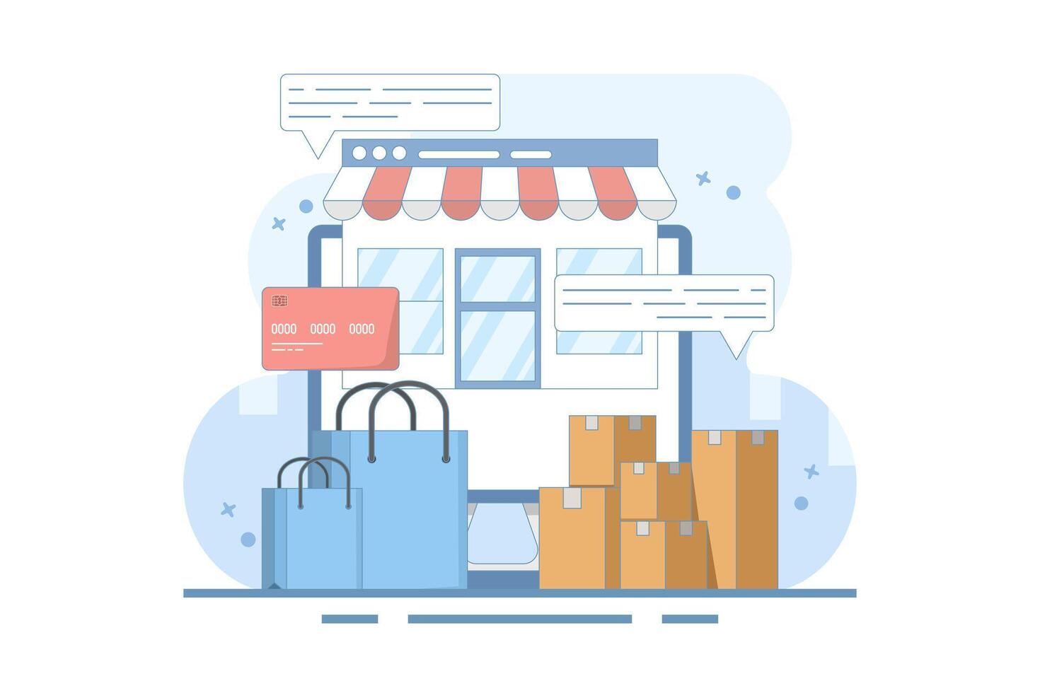 Online shopping concept on website or mobile app, marketing and digital marketing. Online shopping store on website. Digital store promotion, online payment, delivery, sales. Flat illustration. vector