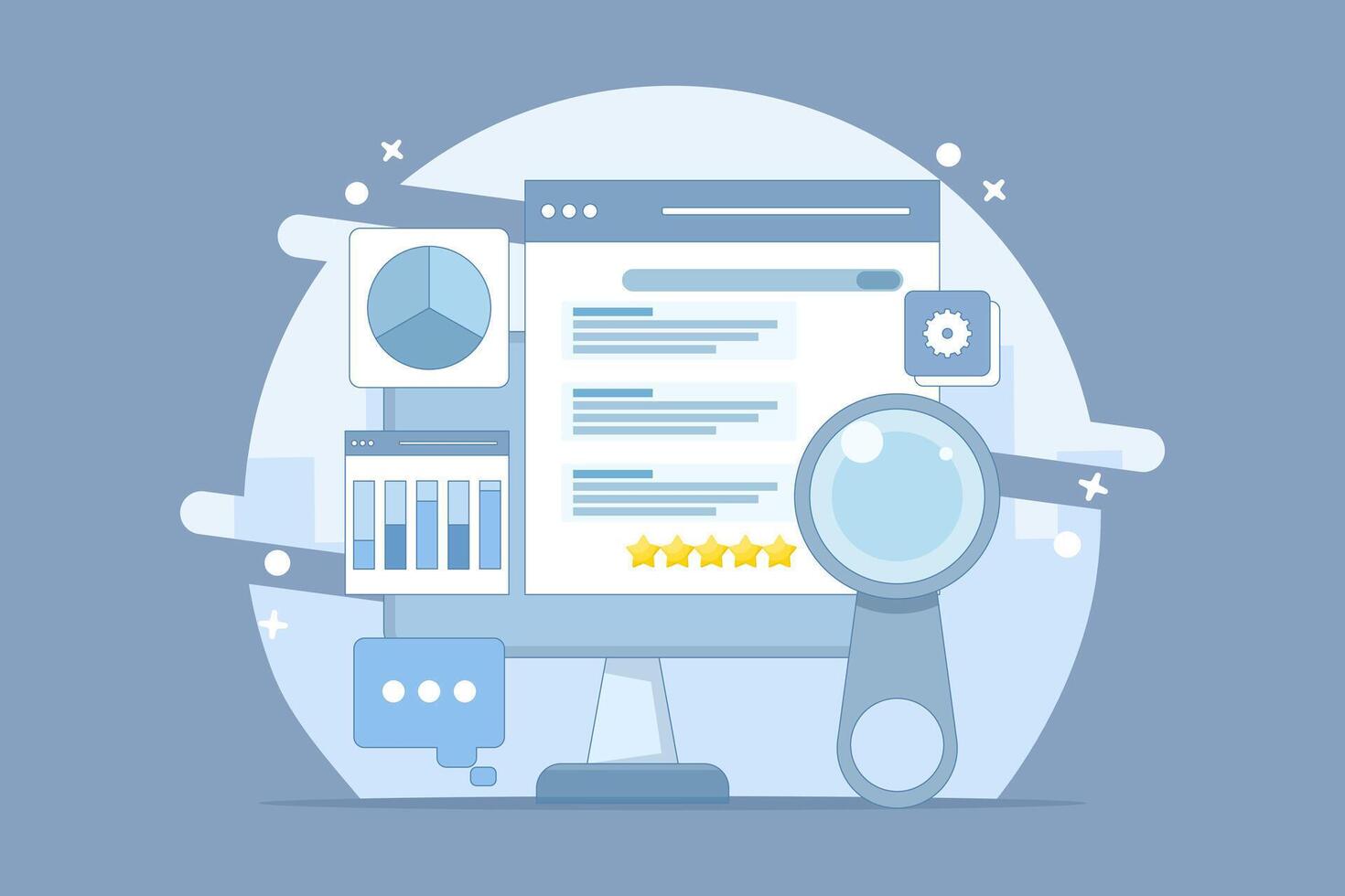 Website SEO Concept, Search Engine Ranking, Website optimization to rank higher on search engine result pages, search engine customer reviews. Flat cartoon design illustration. vector
