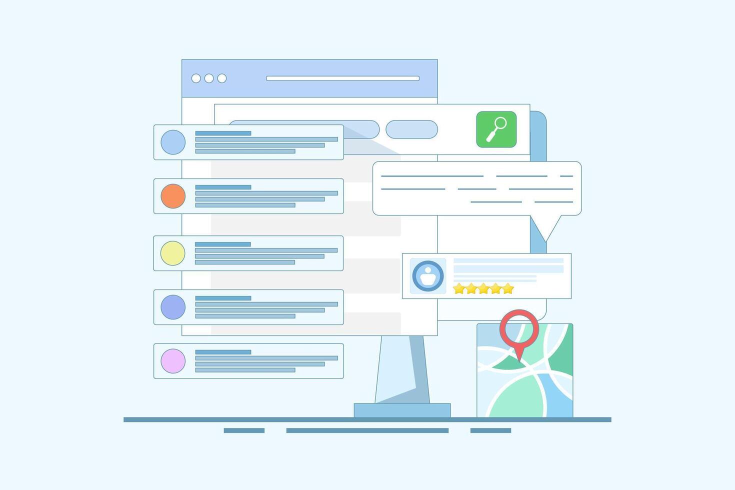 SEO Optimization Concept, Business address in search engine map, Website SEO, Store location in search results. Sitemap creation process. Flat cartoon design illustration. vector