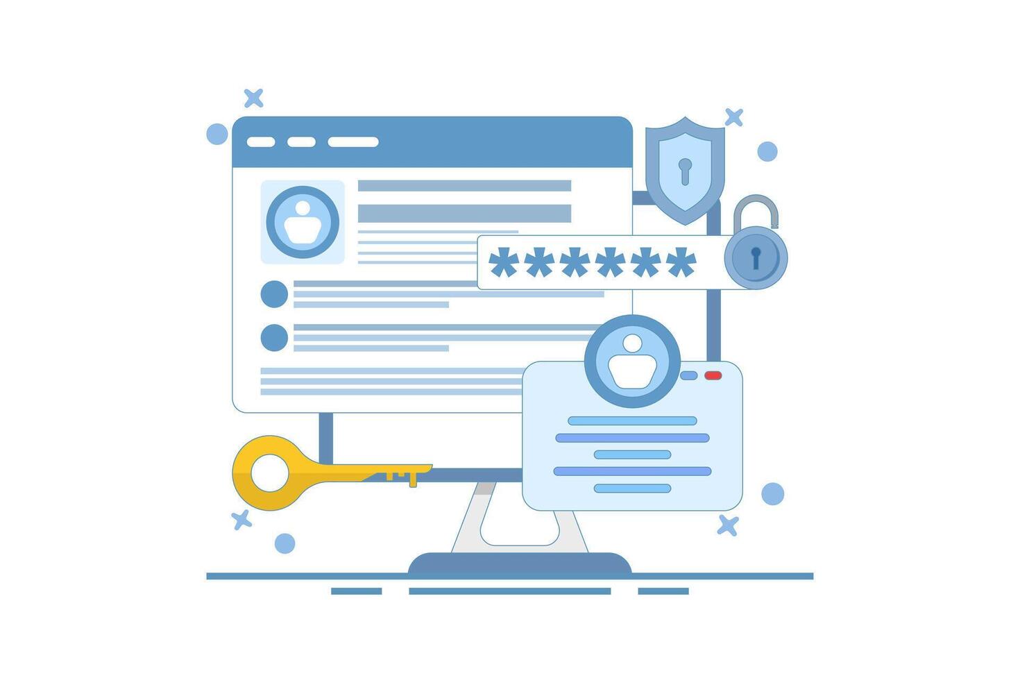 Two-step verification concept to protect personal data. User authorization, login authentication and information protection. Flat Cartoon Illustration vector