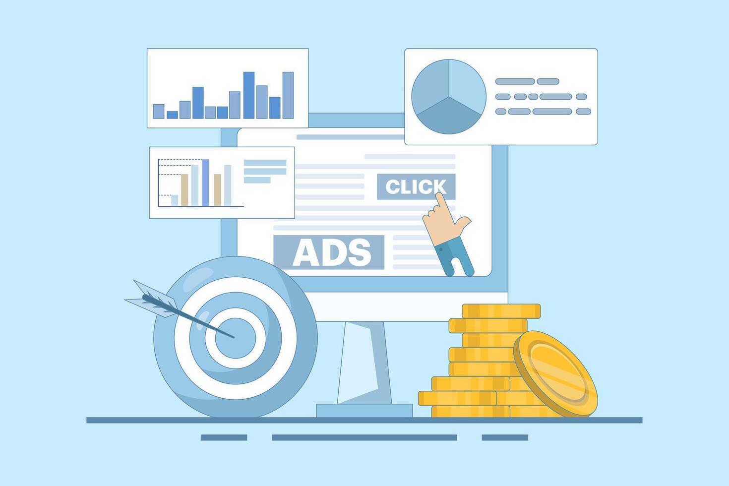 Pay per click concept for websites. Advertising on the internet, clicking ads, pay per click system. PPC advertising strategies, clicking ads and more. Cartoon design illustration. vector