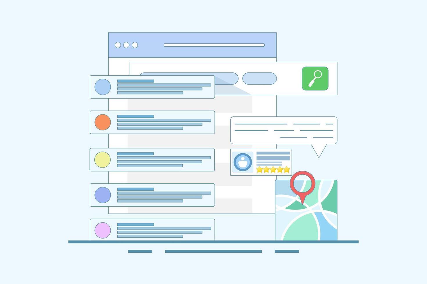SEO Optimization Concept, Business address in search engine map, Website SEO, Store location in search results. Sitemap creation process. Flat cartoon illustration on background. vector