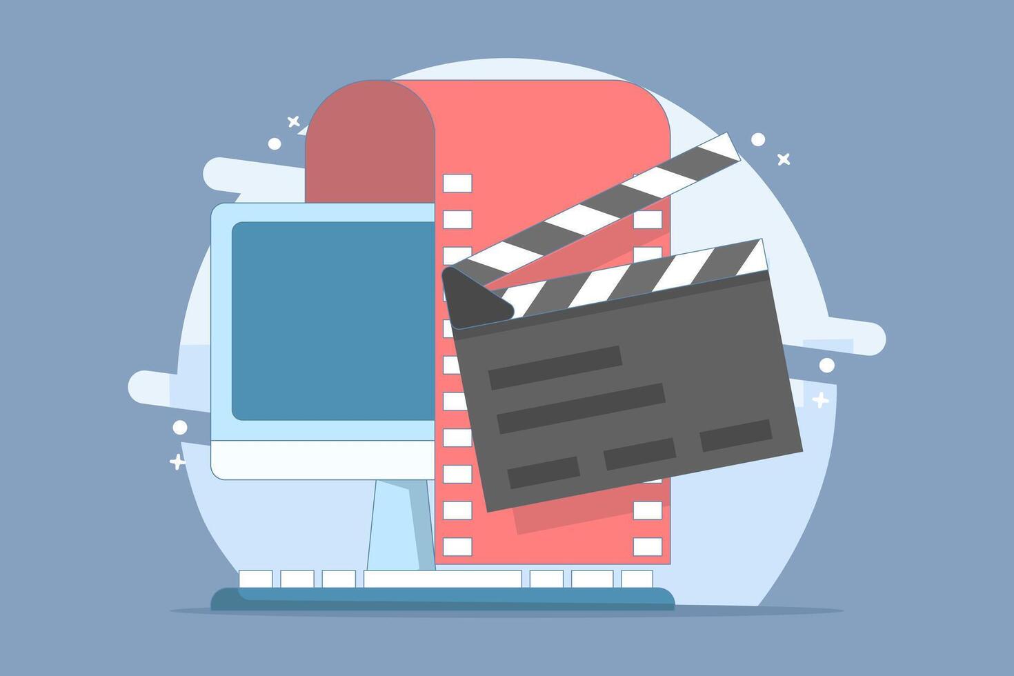 film editing concept created on pc computer, flat graphic illustration, online motion content production, digital montage image, clip art, animation studio design. flat illustration. vector