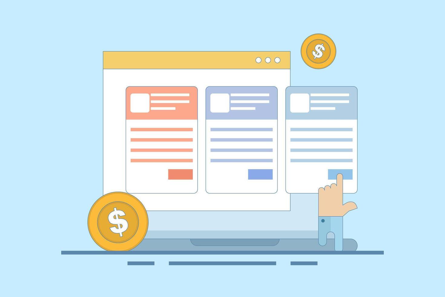 Concept Sell online subscriptions, Sell products and services with subscription packages, Make money online. Sell packages to increase revenue with website maintenance packages. illustration. vector