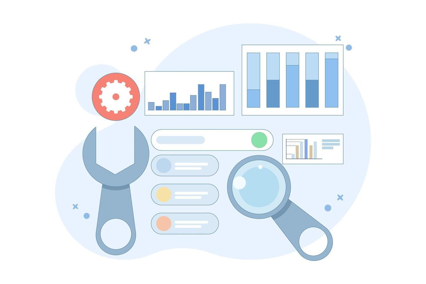 Technical SEO concept, Website optimization for search engines, loading speed, website analysis, Website bug fixes, technical problem solving. flat illustration on Background with icons. vector
