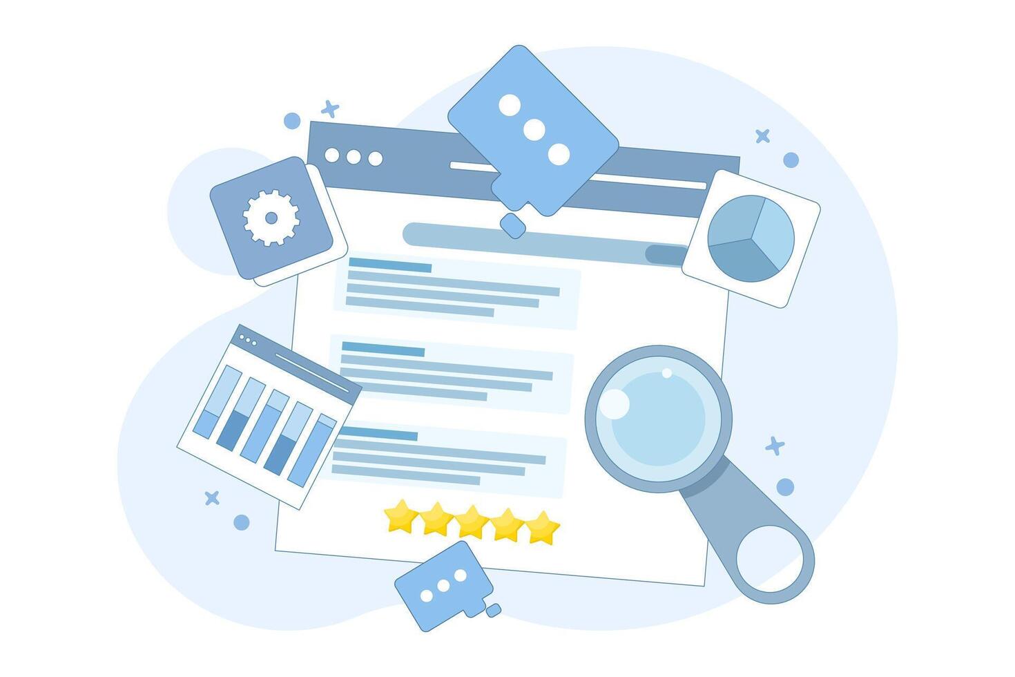 Website SEO concept, Search engine ranking, Website optimization to rank higher on search engine result pages, search engine customer reviews. Cartoon design illustration on background. vector