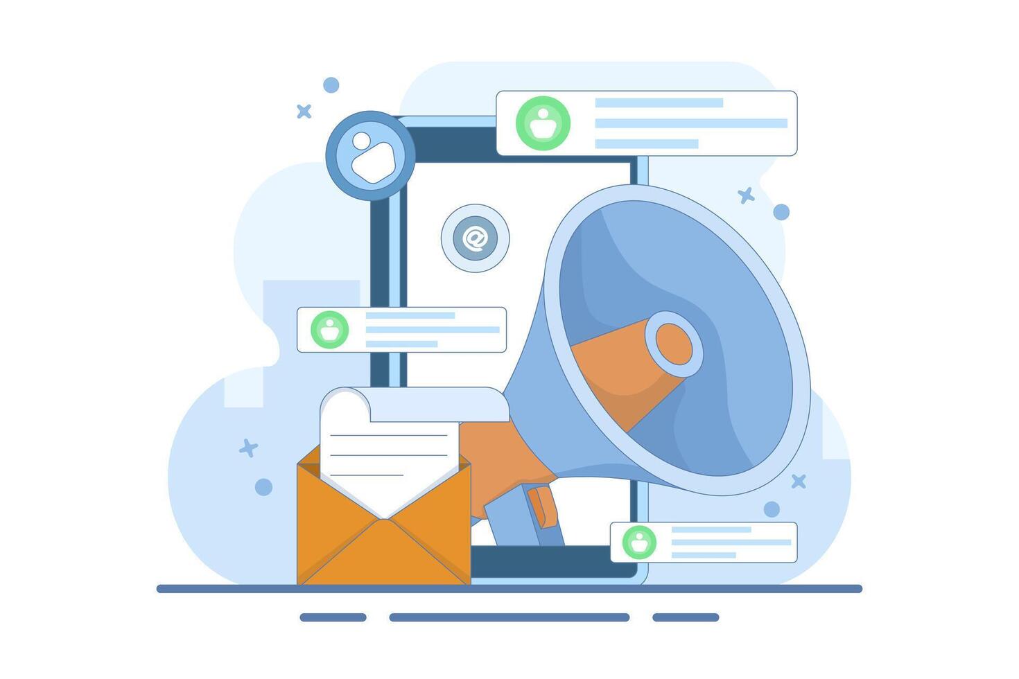 Email marketing concept, Online business strategy, Advertising, Email newsletter, messaging, marketing materials for landing pages, web banners, social media, infographics. flat design. vector