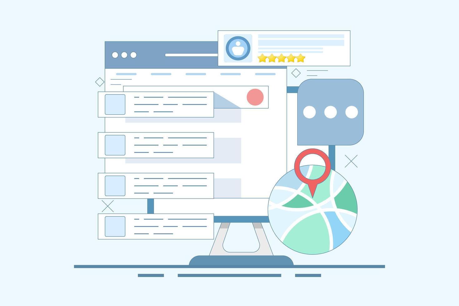 SEO Optimization Concept, Business address in search engine map, Website SEO, Store location in search results. Sitemap creation process. Flat cartoon design illustration on background. vector
