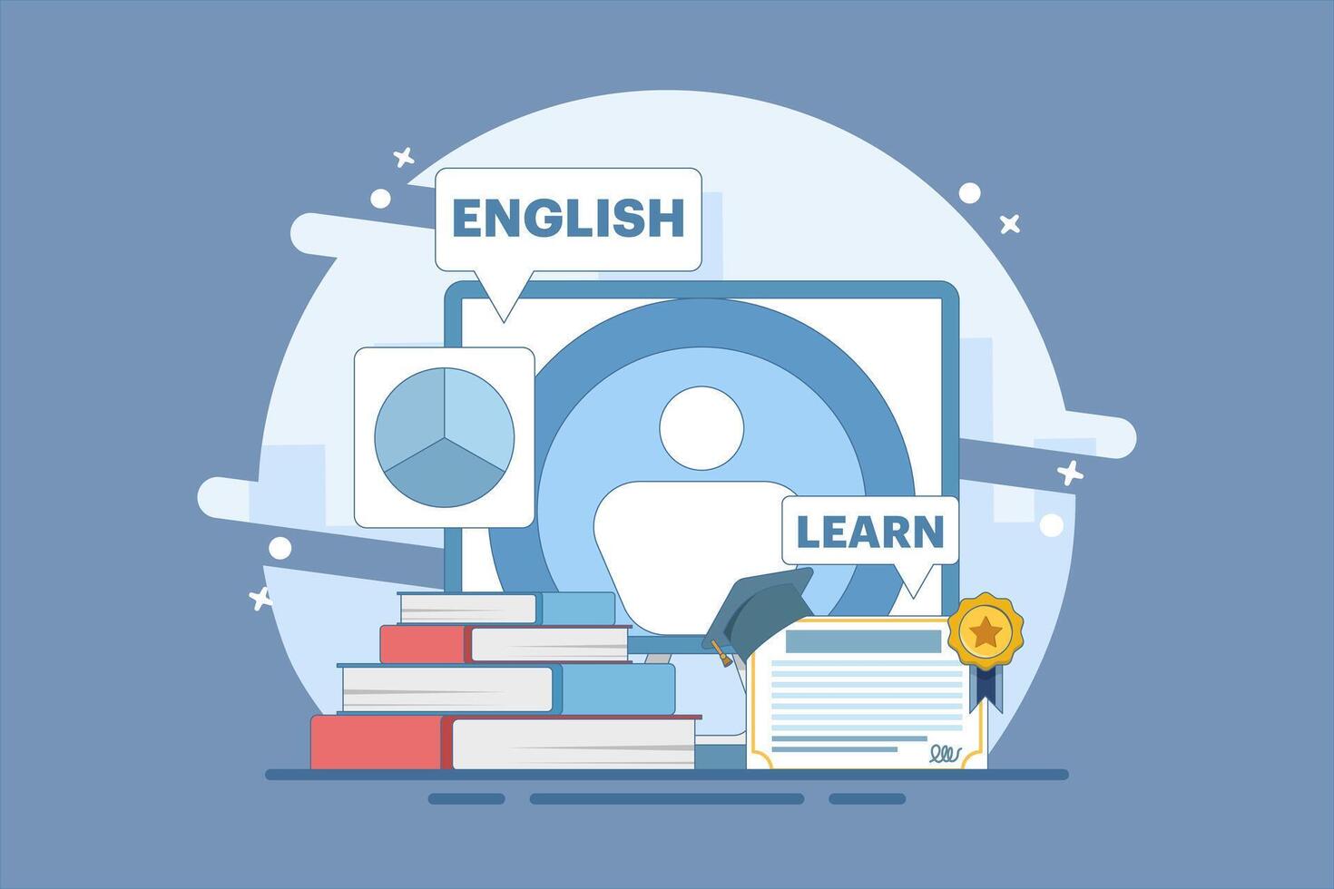 Online English education course with PC Computer, certificate frame, books, private tutor service, internet class, online teaching. Online tutorial. Digital marketing illustration. vector