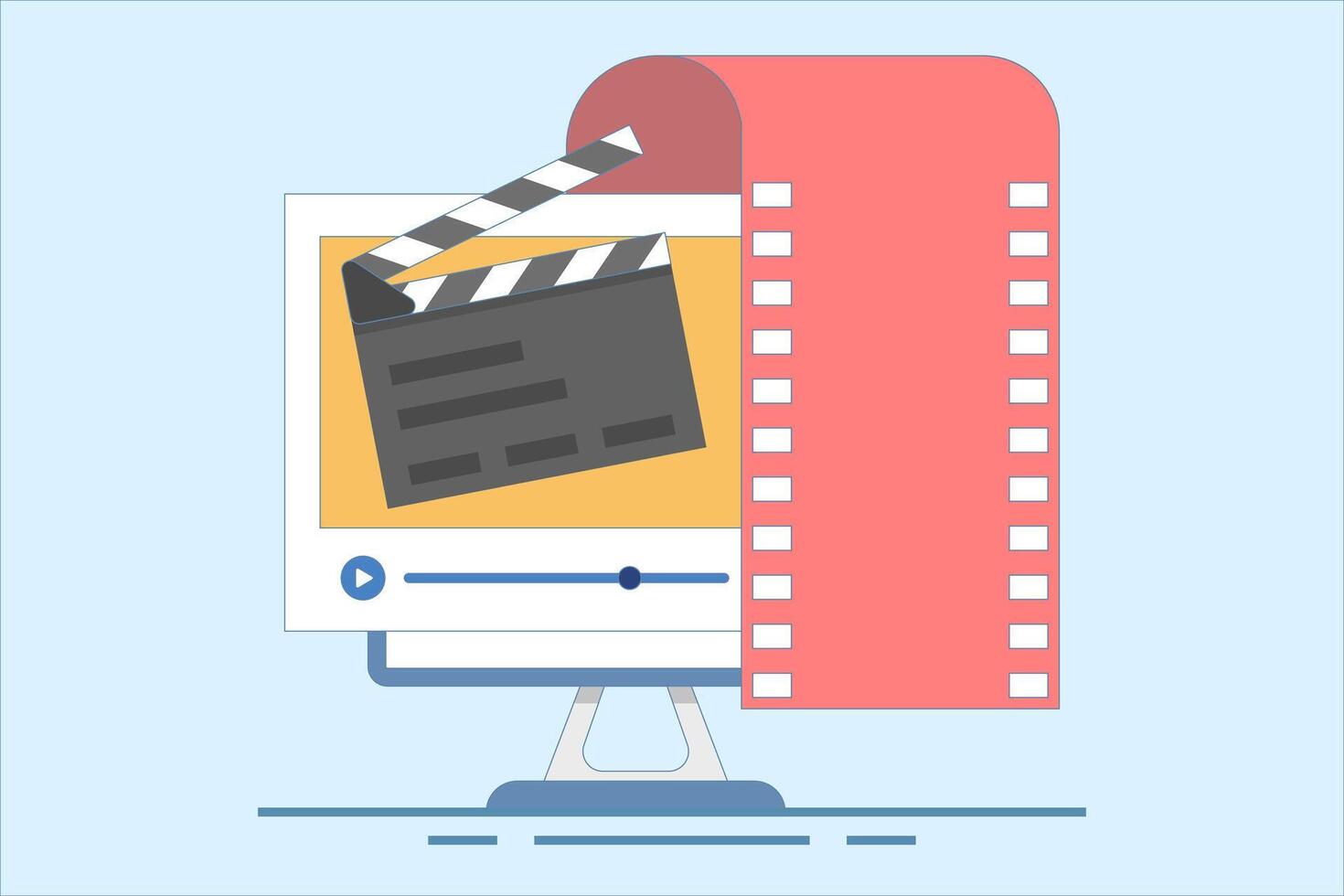 film editing concept created on pc computer, flat graphic illustration, online motion content production, digital montage image, clip art, animation studio design. flat cartoon. vector