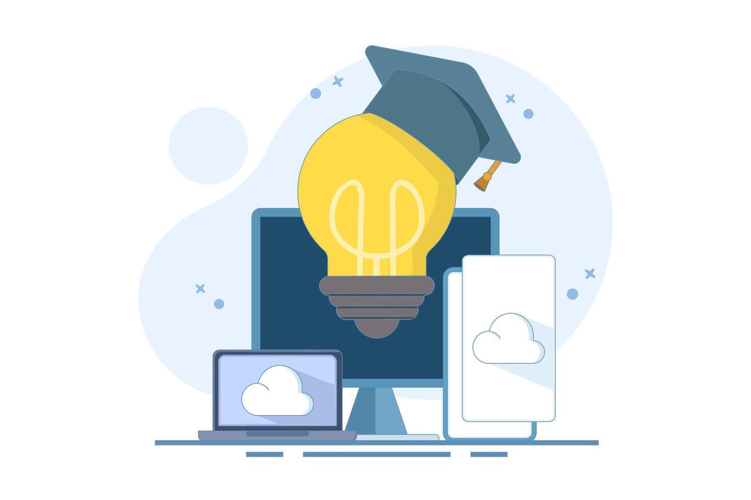 Online education concept, Bachelor's hat on light bulb with computer, smartphone, tablet, online courses, distance learning, self-education, digital library. Flat illustration. vector