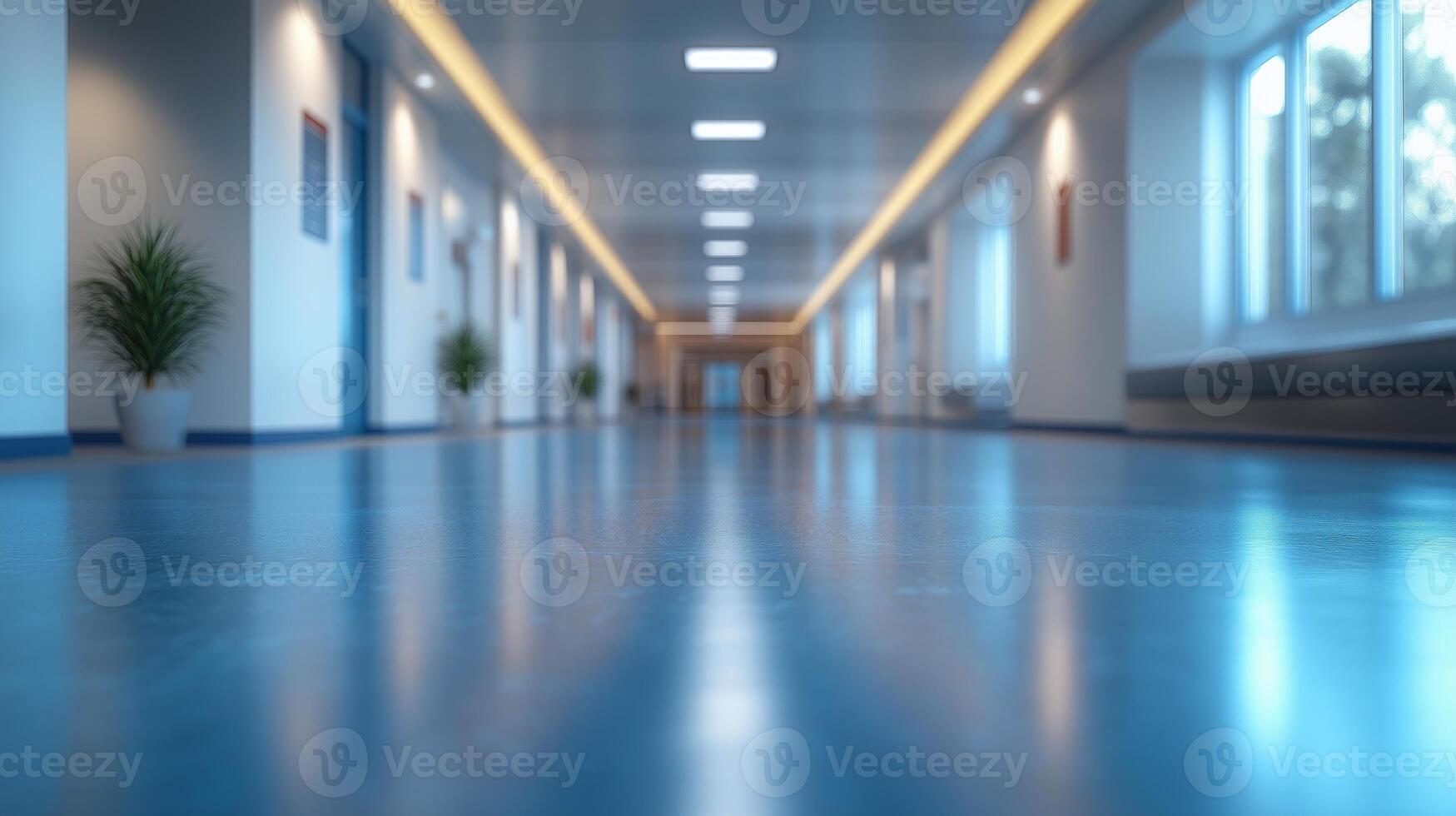 A long hallway with blue walls and blue floor photo