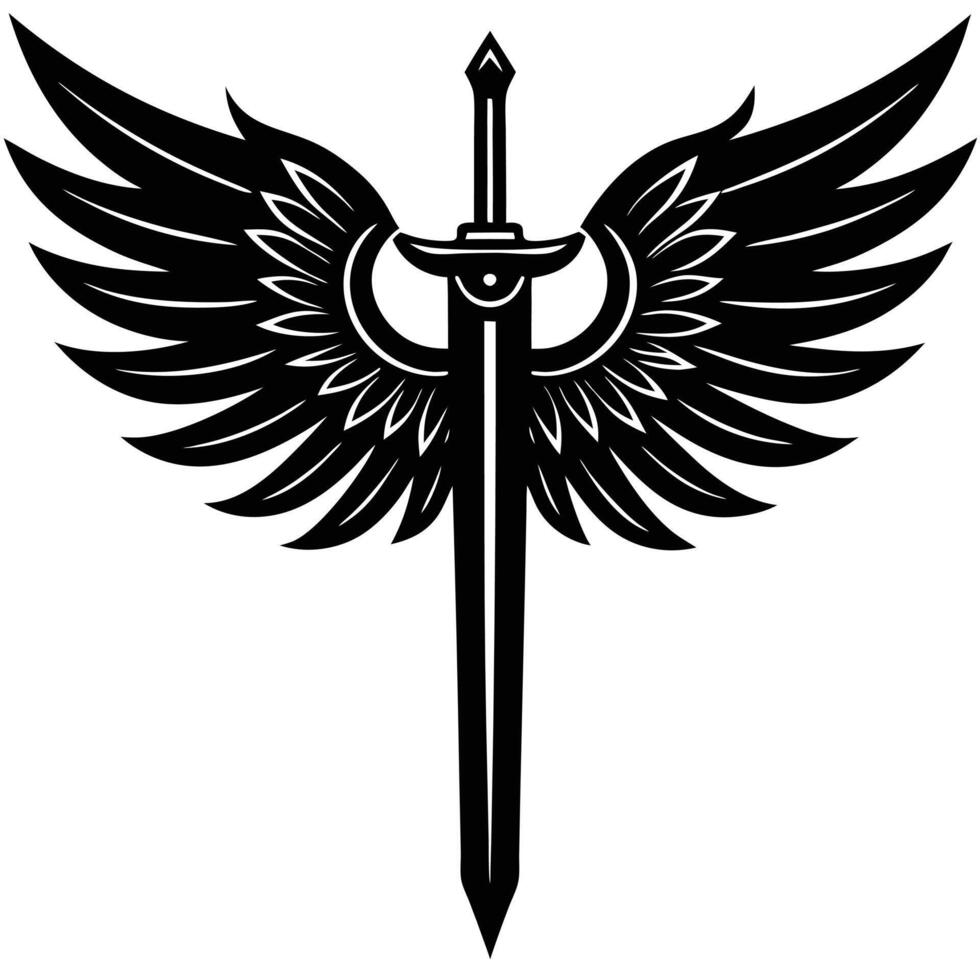 A black and white illustration of a sword with wings vector
