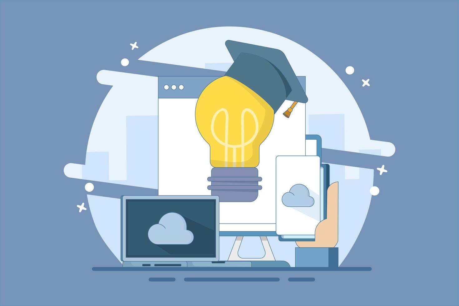 Online education concept, Bachelor's hat on light bulb with computer, smartphone, tablet, online courses, distance learning, self-education, digital library. Digital illustration. vector