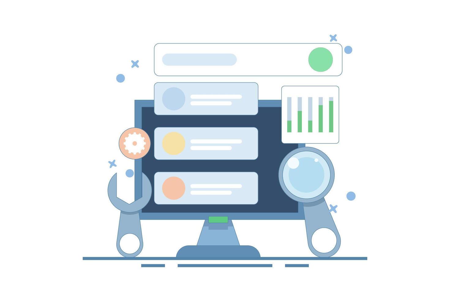Technical SEO concept, Website optimization for search engines, loading speed, website analysis, Website bug fixes, technical problem solving. flat cartoon design illustration on Background. vector