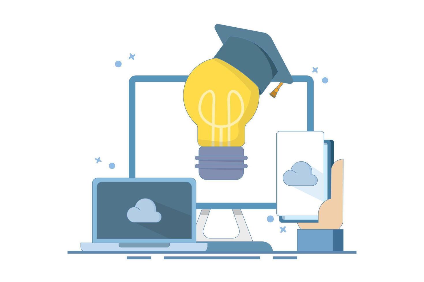 Online education concept, Bachelor's hat on light bulb with computer, smartphone, tablet, online courses, distance learning, self-education, digital library. Digital marketing illustration. vector
