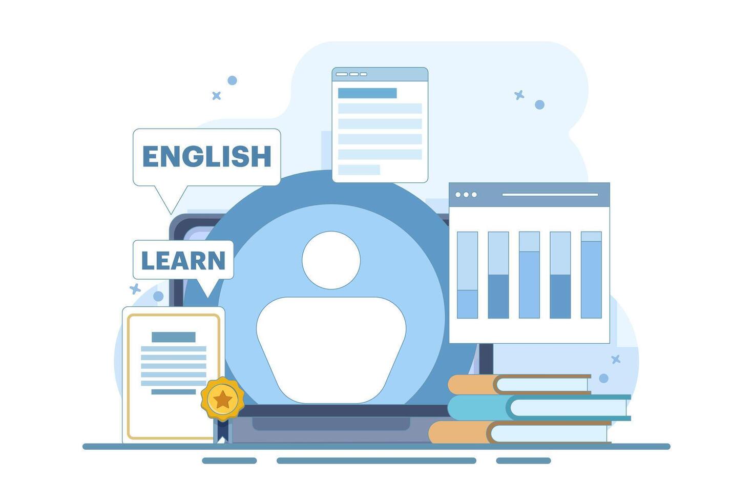 Online English education courses with PC Computer, certification framework, books, private tutor services, internet classes, online teaching. Online tutorials. Digital marketing. flat illustration. vector