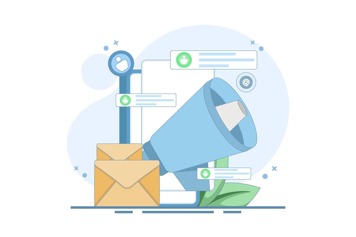 Email marketing concept, Online business strategy, Advertising, Email newsletter, messaging, marketing materials for landing pages, web banners, social media, infographics. Flat design illustration. vector