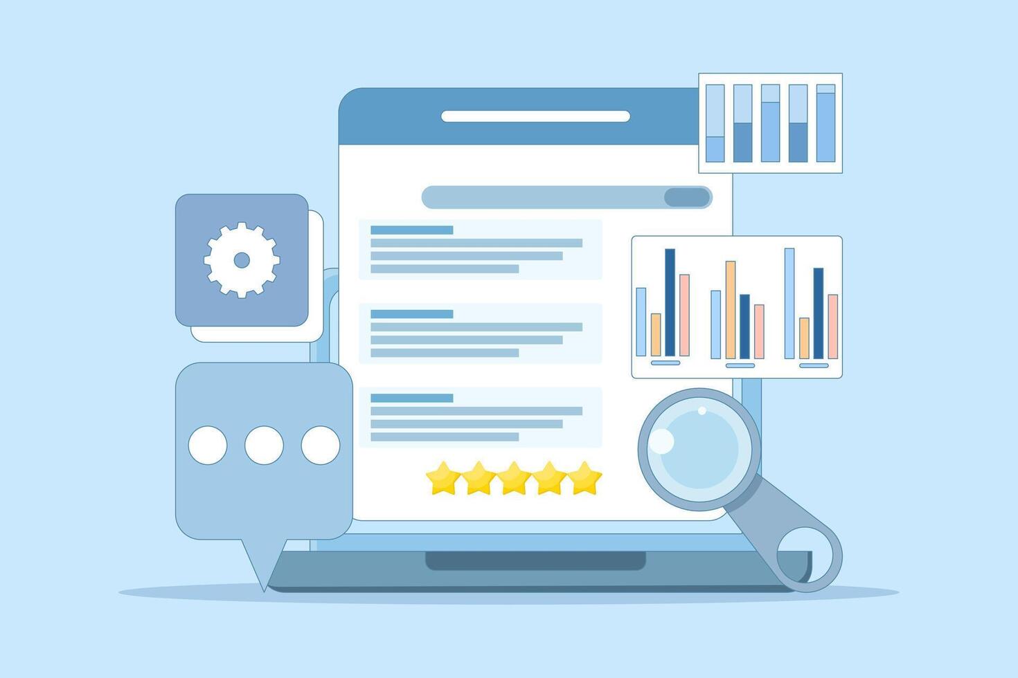 Website SEO concept, Search engine ranking, Website optimization to rank higher on search engine result pages, search engine customer reviews. Flat design illustration on background. vector