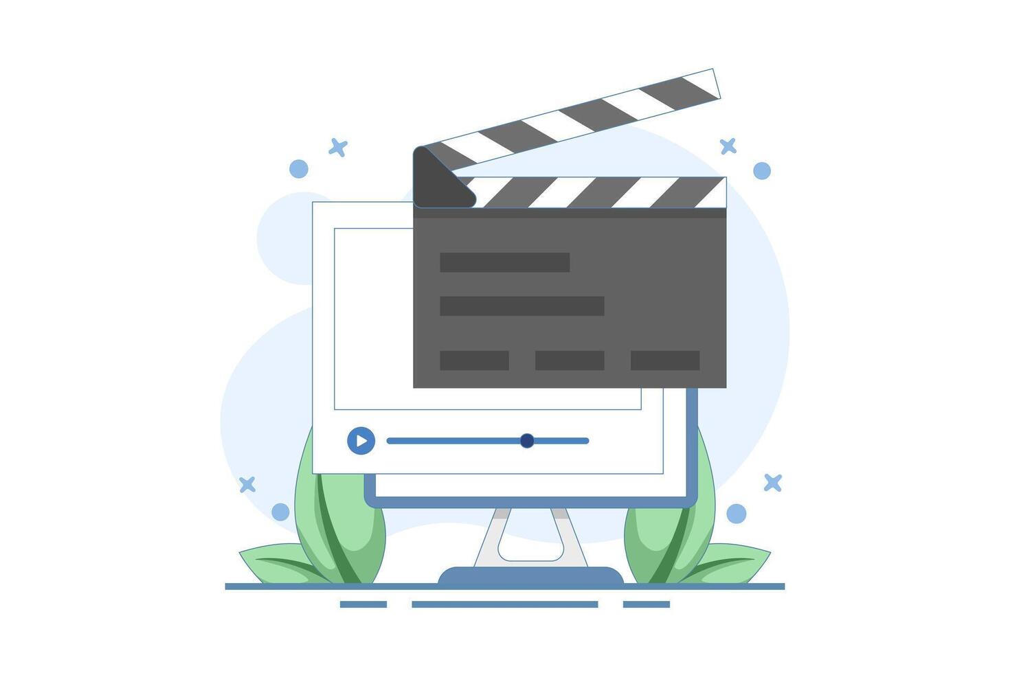 film editing concept created on pc computer, flat graphic illustration, online motion content production, digital montage image, clip art, animation studio design. simple design. vector