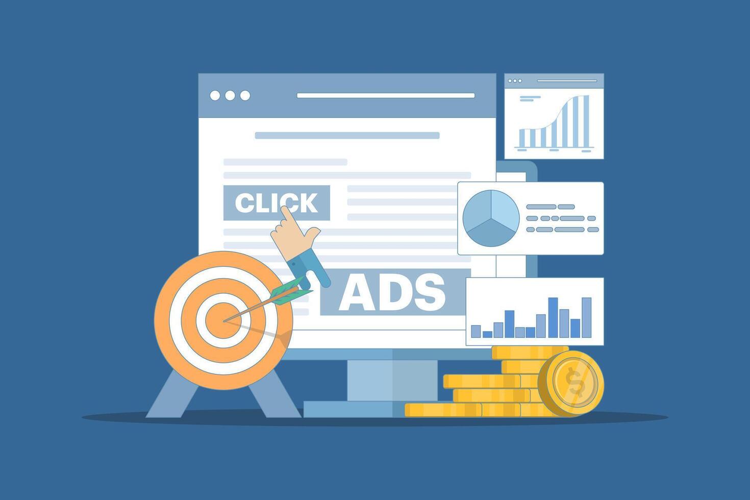 Pay per click concept for websites. Advertising on the internet, clicking on ads, pay per click system. PPC advertising strategies, clicking on ads and more. Flat illustration on background. vector