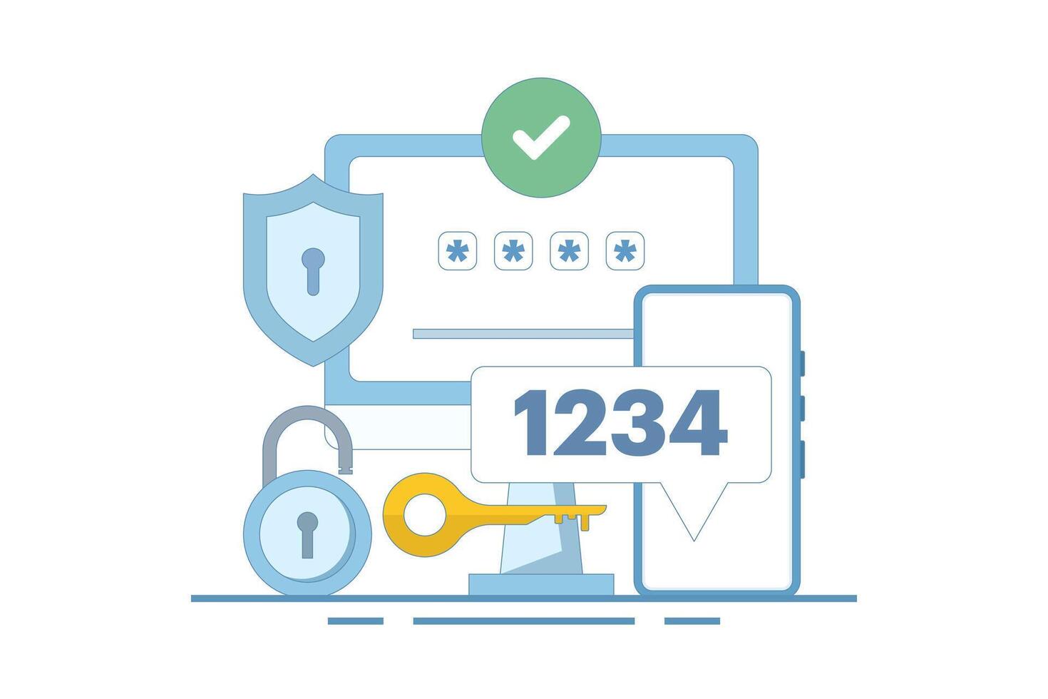 Two-step verification concept to protect personal data. User authorization, login authentication and information protection. Flat Cartoon Illustration, icon. Stylish abstract web design. vector