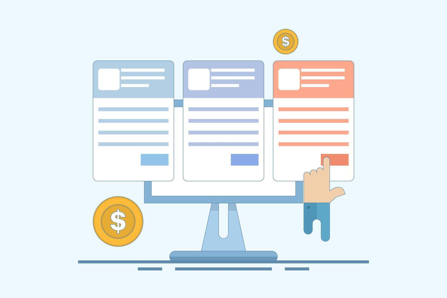 Concept Sell online subscriptions, Sell products and services with subscription packages, Make money online. Sell packages to increase revenue with website maintenance packages. Flat cartoon design. vector