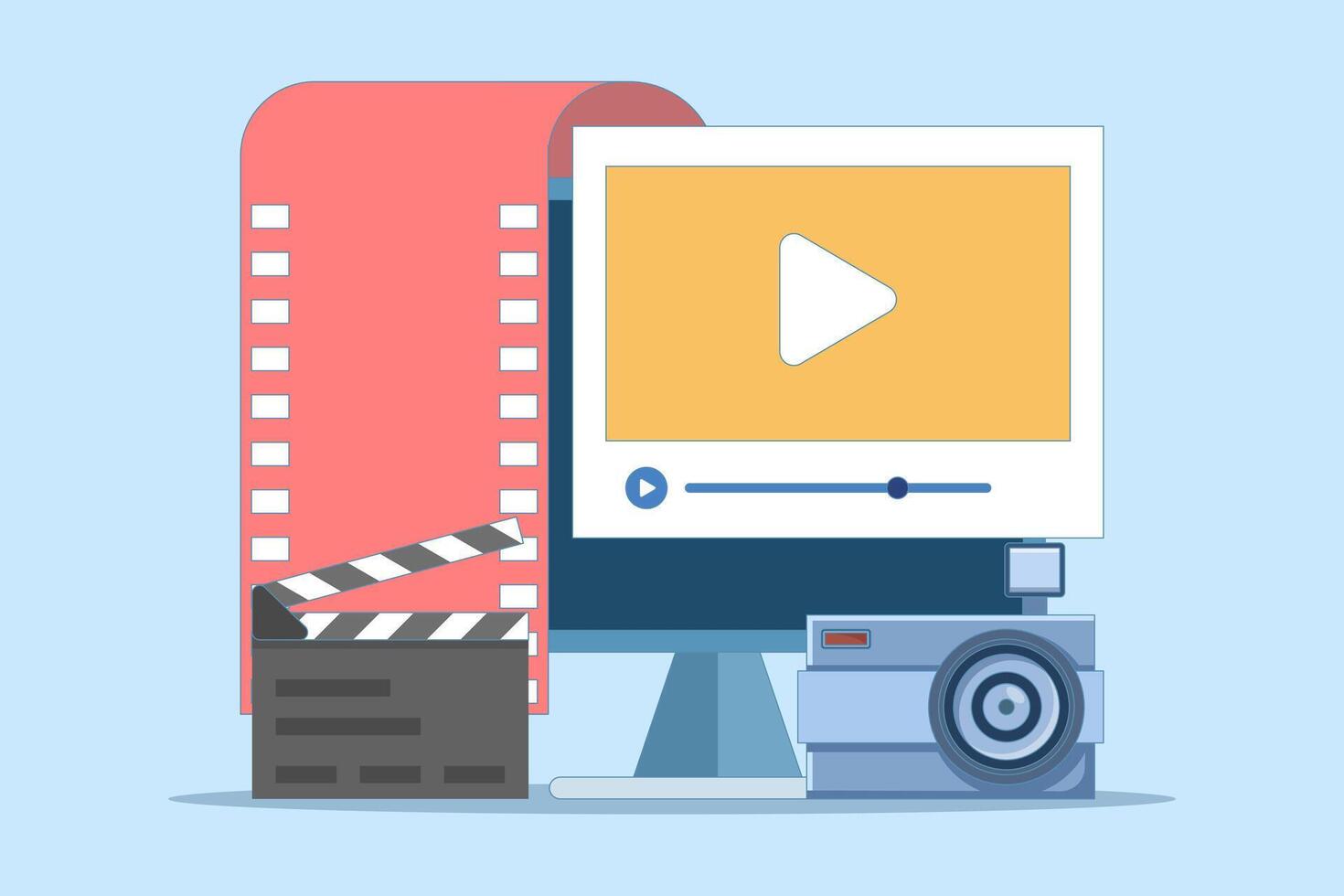 film editing concept created on pc computer, flat graphic illustration, online motion content production, digital montage images, clip art, animation studio design. vector