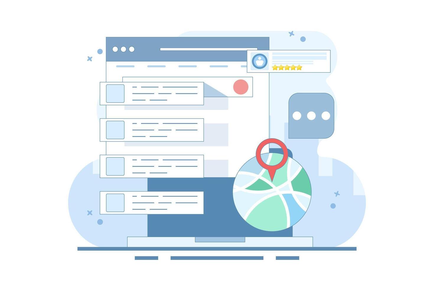 SEO Optimization Concept, Business address in search engine map, Website SEO, Store location in search results. Sitemap creation process. Flat illustration on background. vector