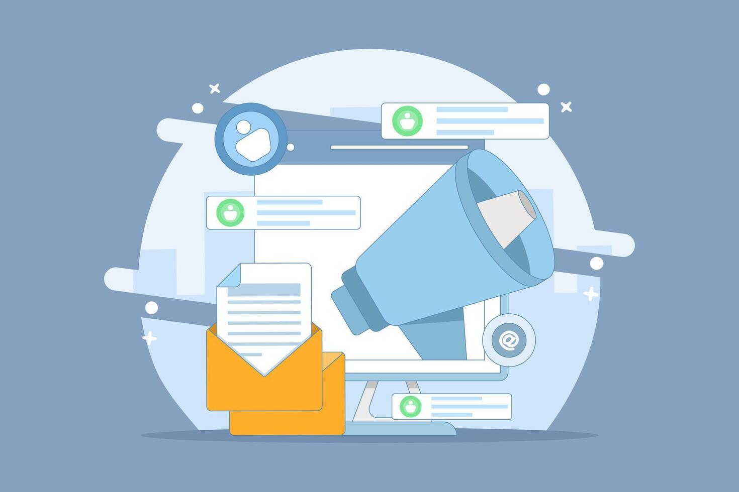 Email marketing concept, Online business strategy, Advertising, Email newsletter, sending messages, marketing materials for landing pages, web banners, social media, infographics. Flat illustration. vector